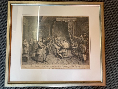 J. Demontage, 1723, Kupferstich, Schlosser entfernt Nachttopf vom Fuss des Herrn